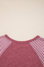 Mineral Red Contrast Print Striped Raglan Long Sleeve Loose Top