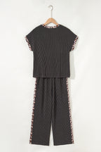 Carbon Grey Leopard Patchwork Edge Twisted Rib T Shirt and Cropped Pants Set