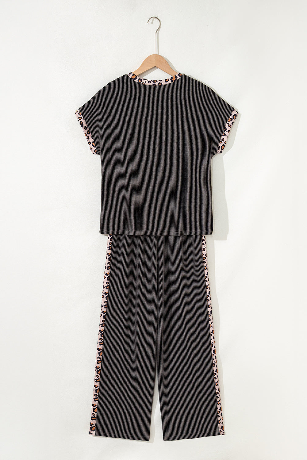Carbon Grey Leopard Patchwork Edge Twisted Rib T Shirt and Cropped Pants Set