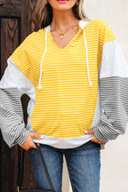 Yellow Stripe Color Block Drawstring V Neck Loose Fit Hooded Top