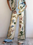 Elegant Deep Sea Floral Print Loose Shirt and Matching Pants Set - Versatile Beach Cover-up and Casual Wear