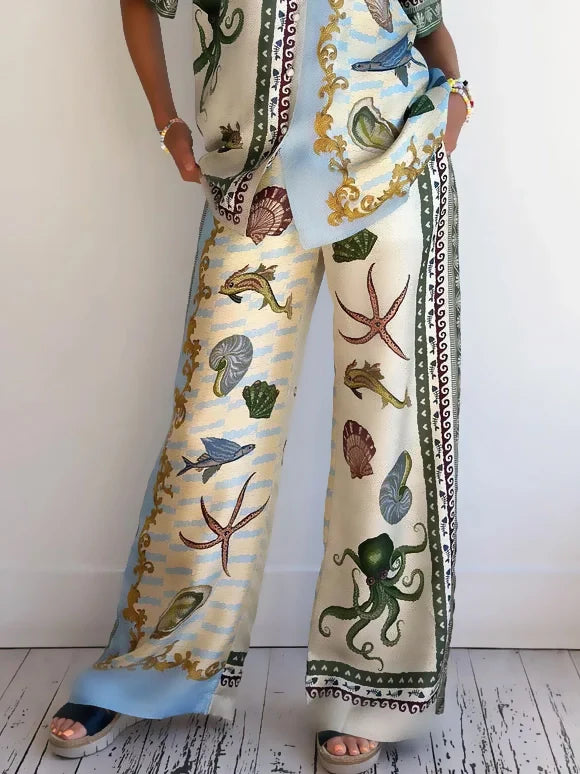 Elegant Deep Sea Floral Print Loose Shirt and Matching Pants Set - Versatile Beach Cover-up and Casual Wear