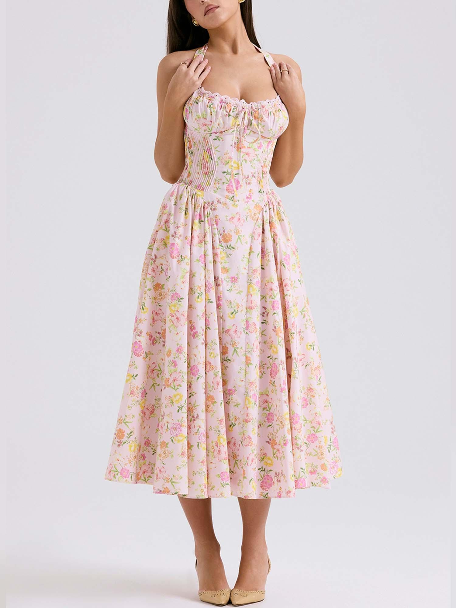 Romantic Floral Print Corset Midi Dress - Vintage Lace-Up Style