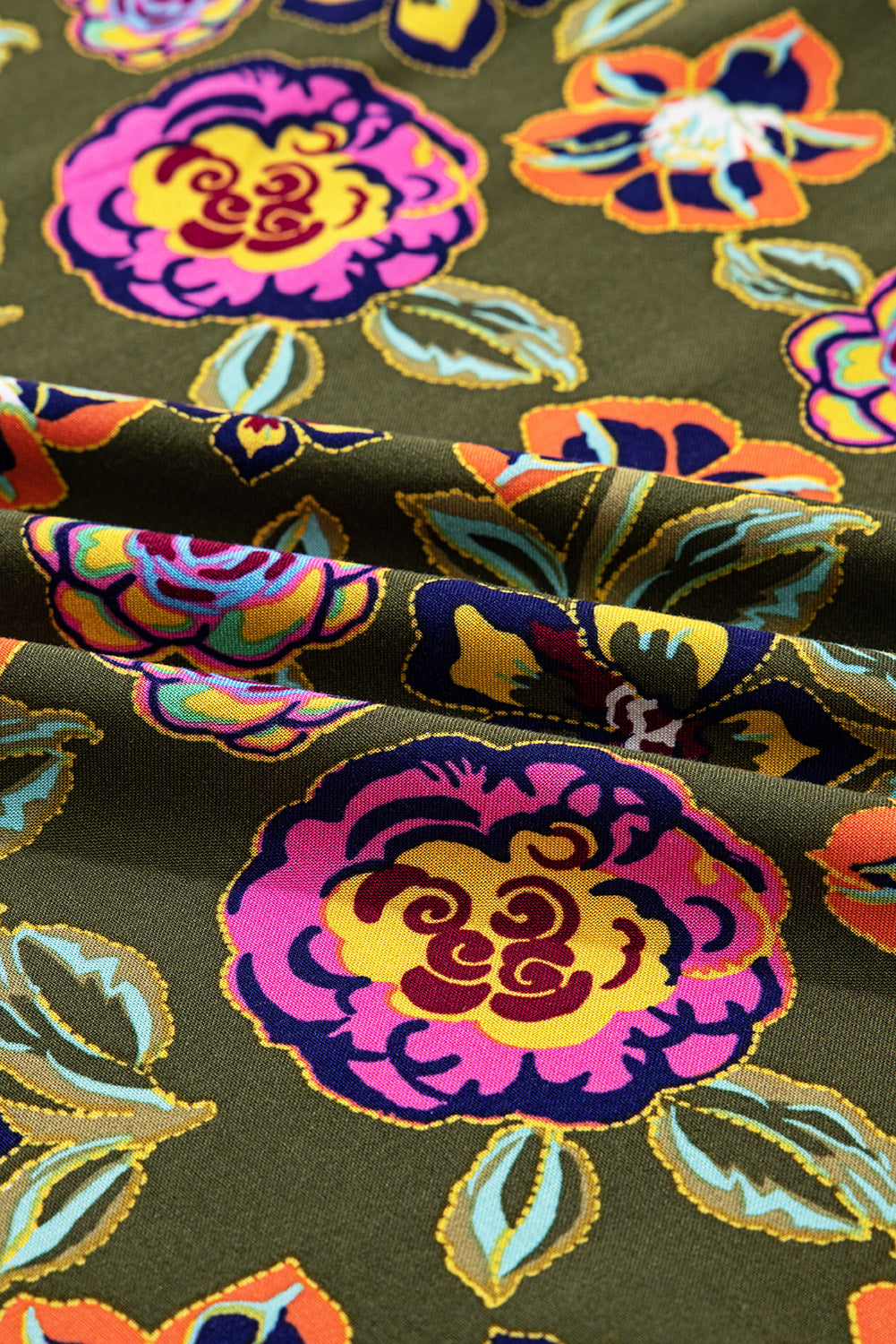 Green Floral Print Split Neck Bubble Sleeve Shift Mini Dress