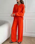 Autumn Casual V-Neck Two-Piece Set for Women - Comfortable Polyester Loungewear