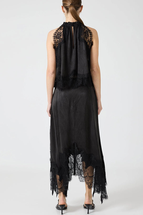 Elegant Lace Pleated Collar Sleeveless Top with Irregular Slit Satin Skirt Set - Perfect for Parties and Vacations