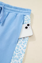 Beau Blue Floral Patchwork Drop Shoulder Pullover & Sweatpants Lounge Set - Cozy & Chic Loungewear