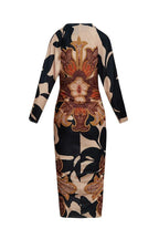 Unique Print Dolman Long Sleeve Ruched Slit Midi Dress for Women - Casual & Vacation Wear