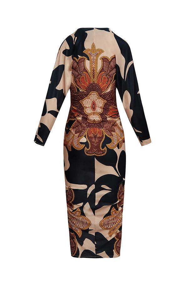 Unique Print Dolman Long Sleeve Ruched Slit Midi Dress for Women - Casual & Vacation Wear