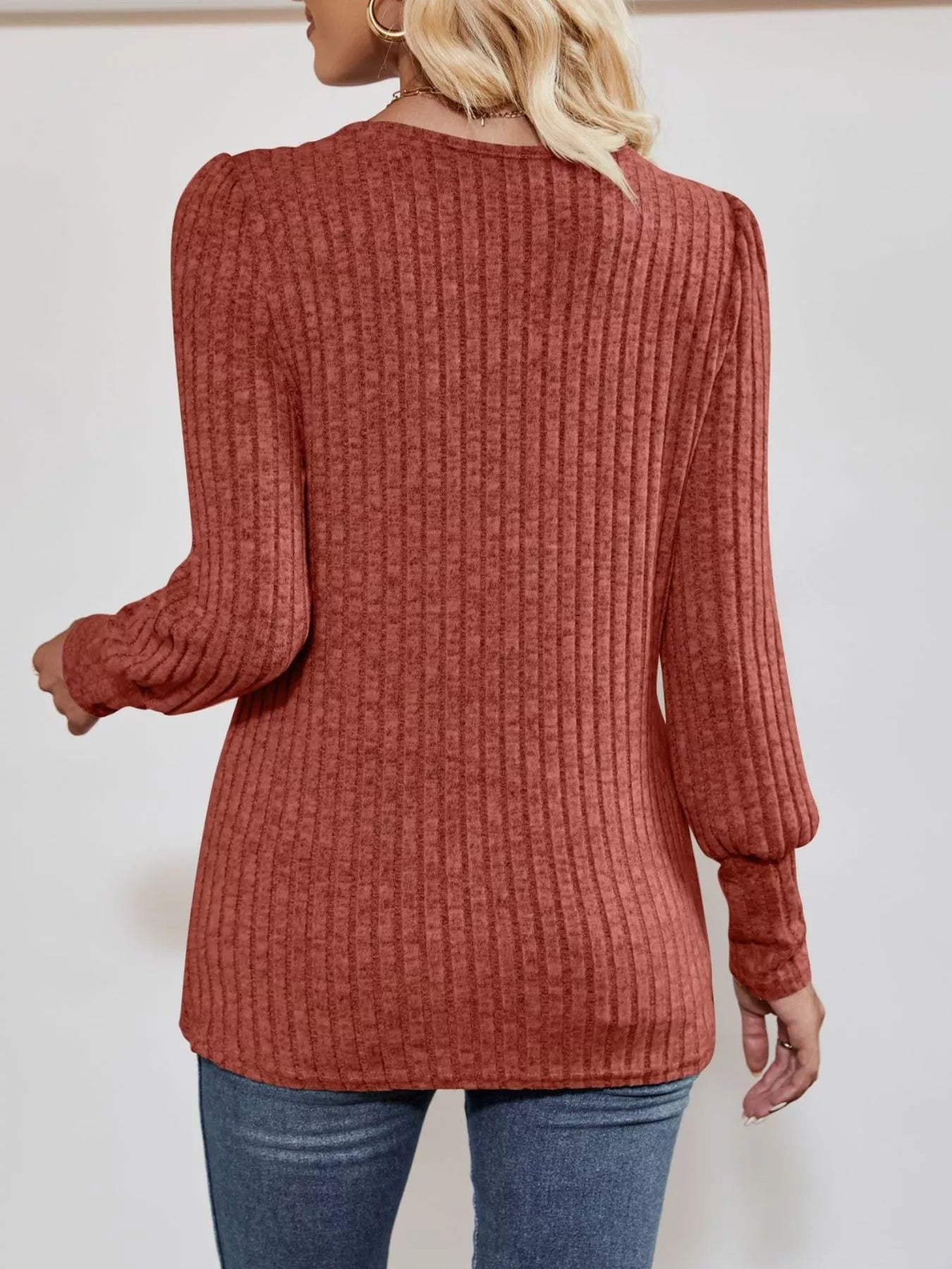 Ribbed Knit Slit Long Sleeve T-Shirt