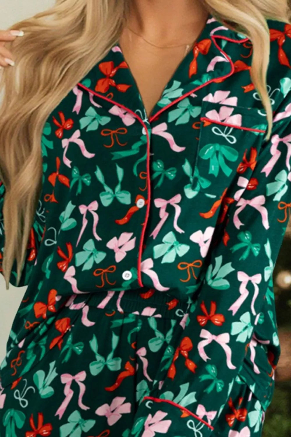 Bow Print Long Sleeve Shirt and Shorts Pajama Set