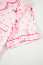 Pink Bow Print Contrast Pipping Short Pajamas Set