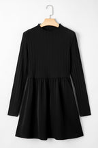 Black Frilled Neck Ribbed Knit Patchwork Long Sleeve Mini Dress