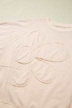 Beige Raw Edge Flower Patch Drop Shoulder Casual Top