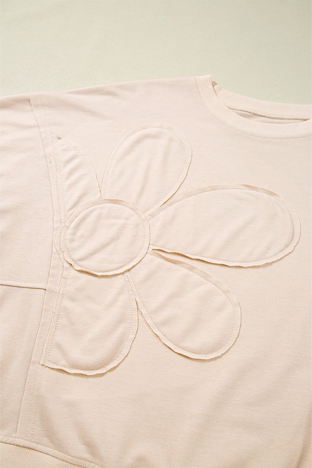 Beige Raw Edge Flower Patch Drop Shoulder Casual Top