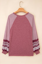 Mineral Red Contrast Print Striped Raglan Long Sleeve Loose Top