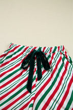 Cozy Green Stripe Contrast Velvet Ribbon Knot Pajama Set - 2-Piece Sleepwear