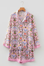 Festive Pink Christmas Holiday Print Nutcracker Long Sleeve Pajama Set with Shorts - 2 Piece Sleepwear