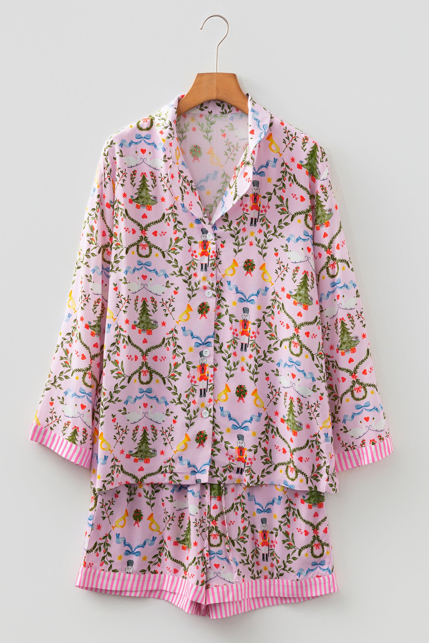 Festive Pink Christmas Holiday Print Nutcracker Long Sleeve Pajama Set with Shorts - 2 Piece Sleepwear