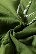 Jungle Green Contrast Stitched V Neck 3/4 Sleeve Tiered Mini Dress