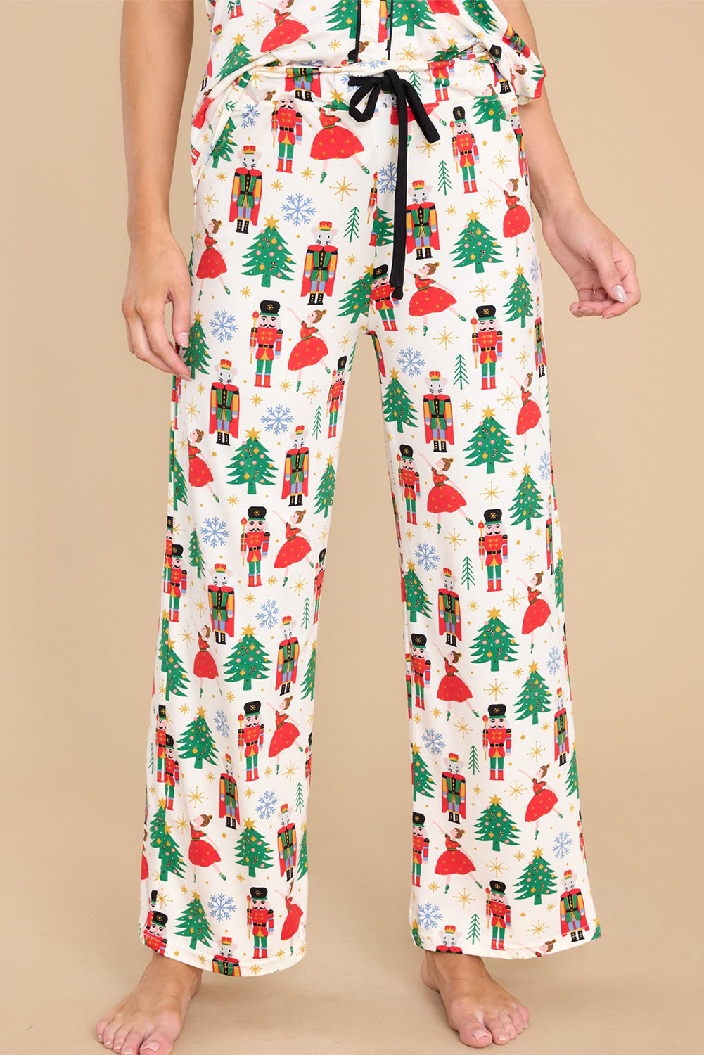 Cozy White Printed Christmas Pattern Button-Up Sleepwear Set - Short Sleeve Top & Loose Pants
