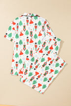 White Printed Christmas Pattern Buttoned Two Piece Sleepwear