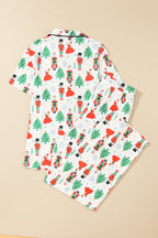 Cozy White Printed Christmas Pattern Button-Up Sleepwear Set - Short Sleeve Top & Loose Pants