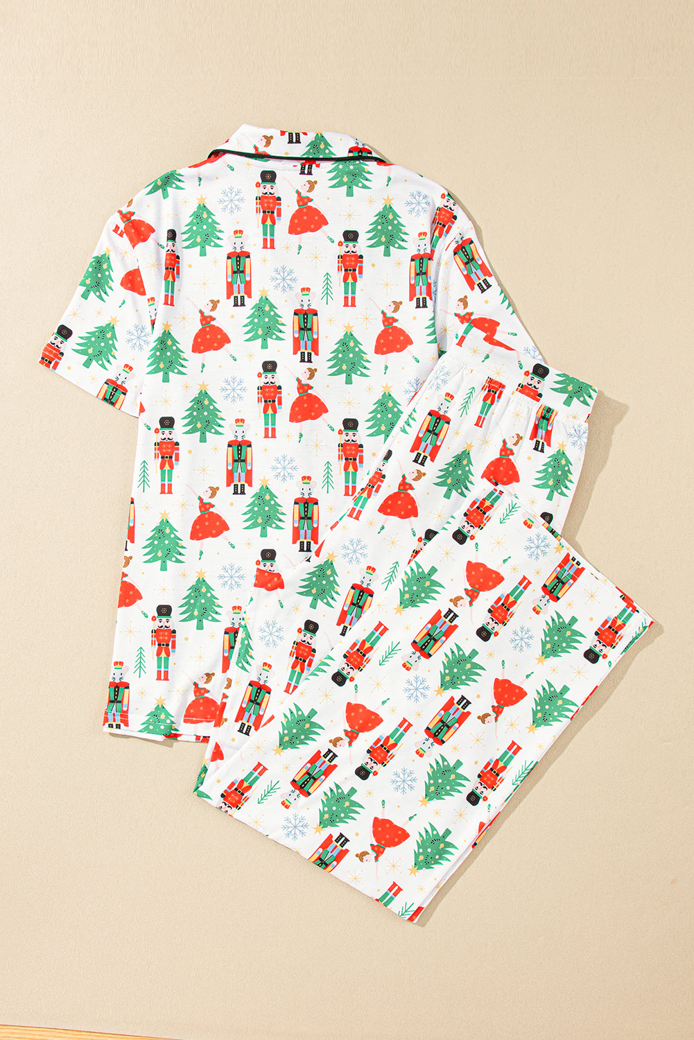 Cozy White Printed Christmas Pattern Button-Up Sleepwear Set - Short Sleeve Top & Loose Pants