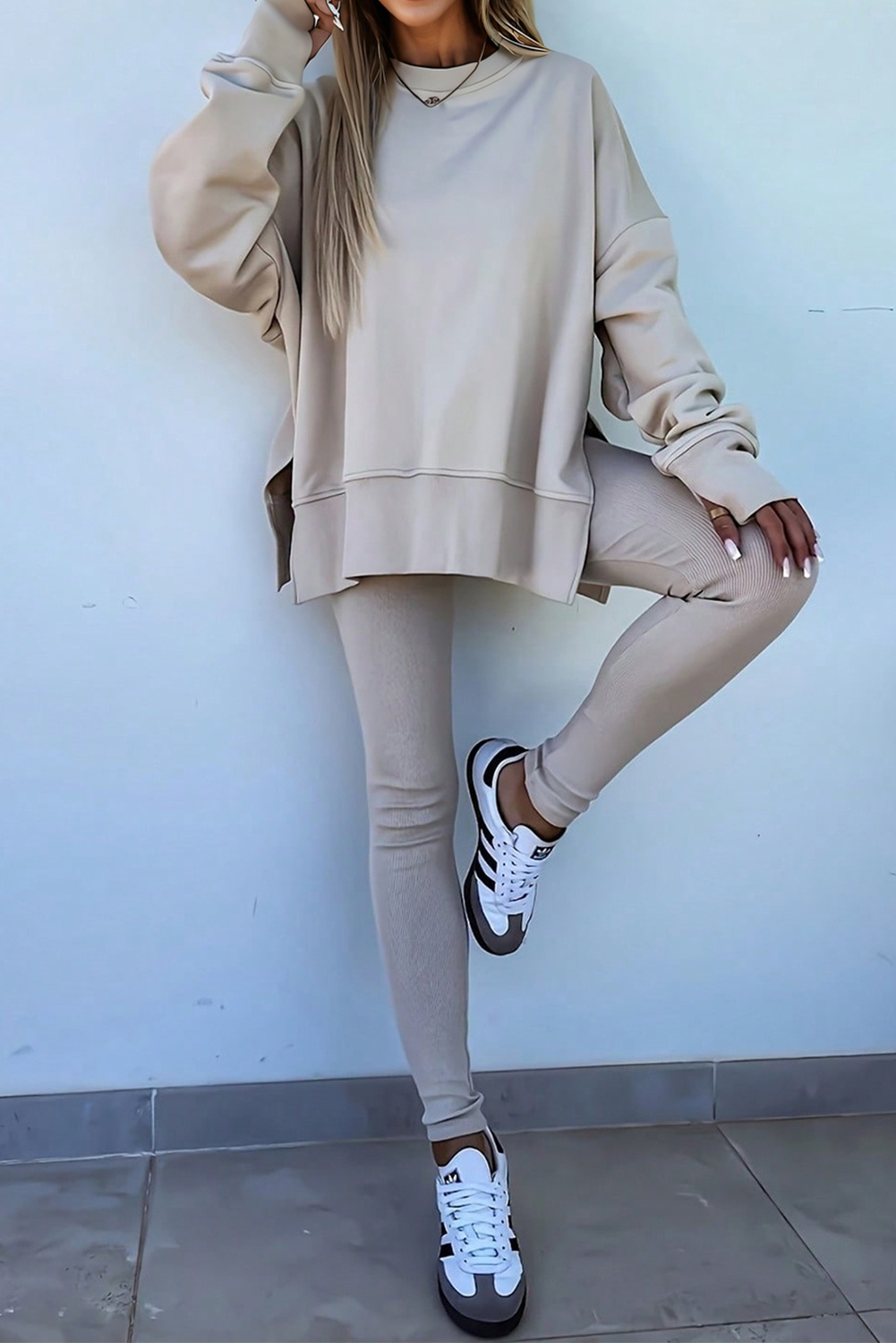 Jet Stream Solid Color Oversize Slit Sweatshirt Ribbed Leggings 2pcs Set