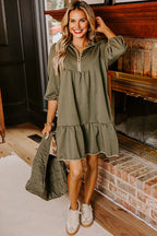 Jungle Green Quarter Zip Collar Bracelet Sleeve Textured Mini Dress