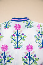 White Floral Print Contrast Striped Trim Notched Neck Long Sleeve Dress