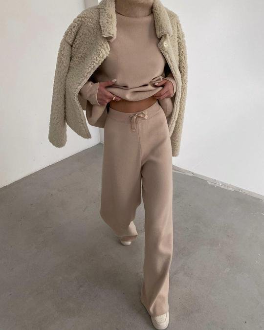 Chic Solid Color Loose Casual Knitted Two-Piece Suit - Long Sleeve Top & Pants Set
