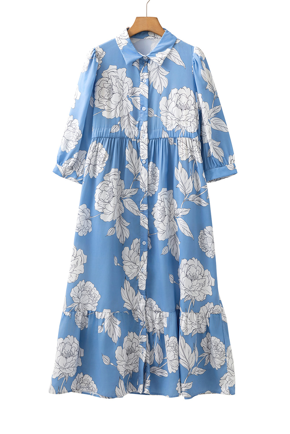 Sky Blue Floral Print Shirt Collar Button Down 3/4 Sleeve Ruffle Hem Long Dress