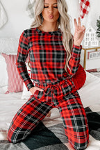 Cozy Red Festive Plaid Print Round Neck Long Sleeve Top & Pants 2 Piece Lounge Set for Women