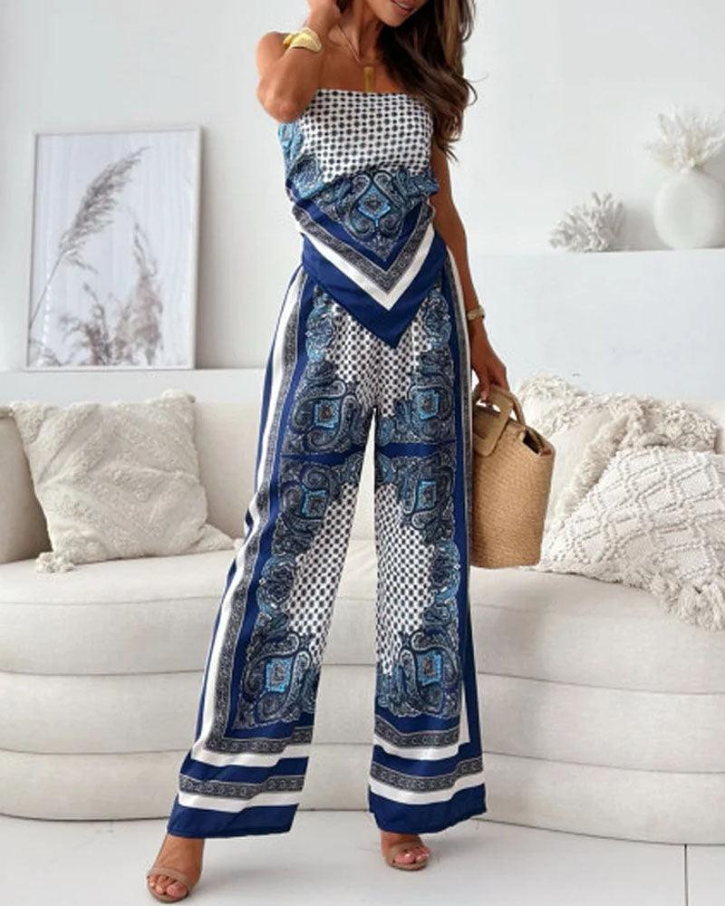 Chic Printed Lace-Up Vest & Pants Set - Two-Piece Casual Outfit for Daily, Holiday, and Going Out