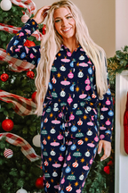 Navy Blue Christmas Lights Print Shirt and Pants Pajama Set - Festive & Comfortable