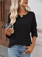 Striped Notched Long Sleeve T-Shirt