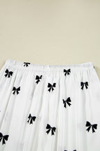 Elegant White Bows Print Two-Piece Sleepwear Set - Long Sleeve Collar Top & High Waist Pants