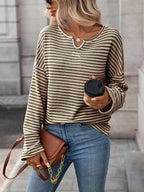 Striped Notched Long Sleeve T-Shirt