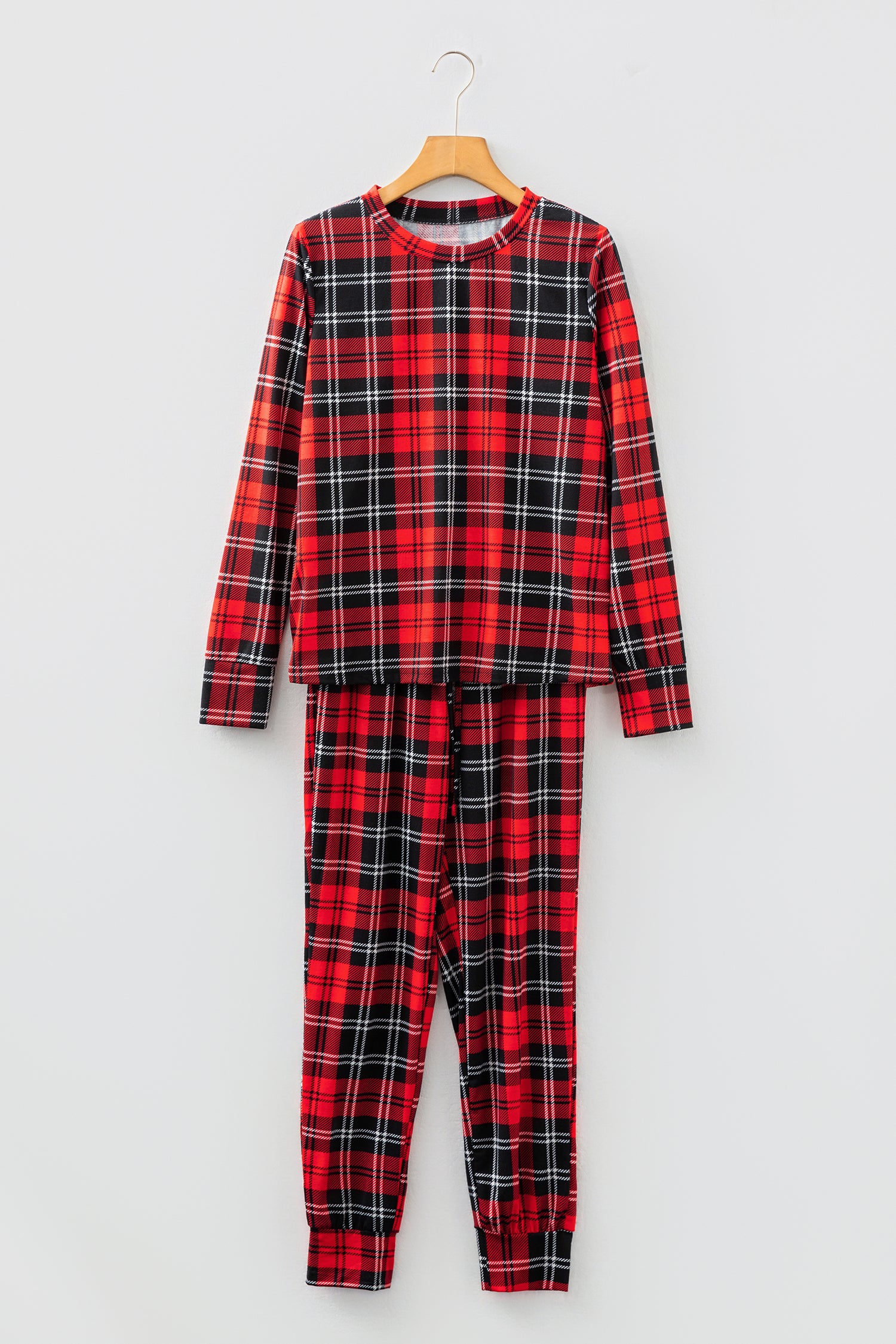 Cozy Red Festive Plaid Print Round Neck Long Sleeve Top & Pants 2 Piece Lounge Set for Women