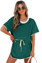 Evergreen Colorblock Edge Drop Shoulder T Shirt and Skort 2Pcs Set
