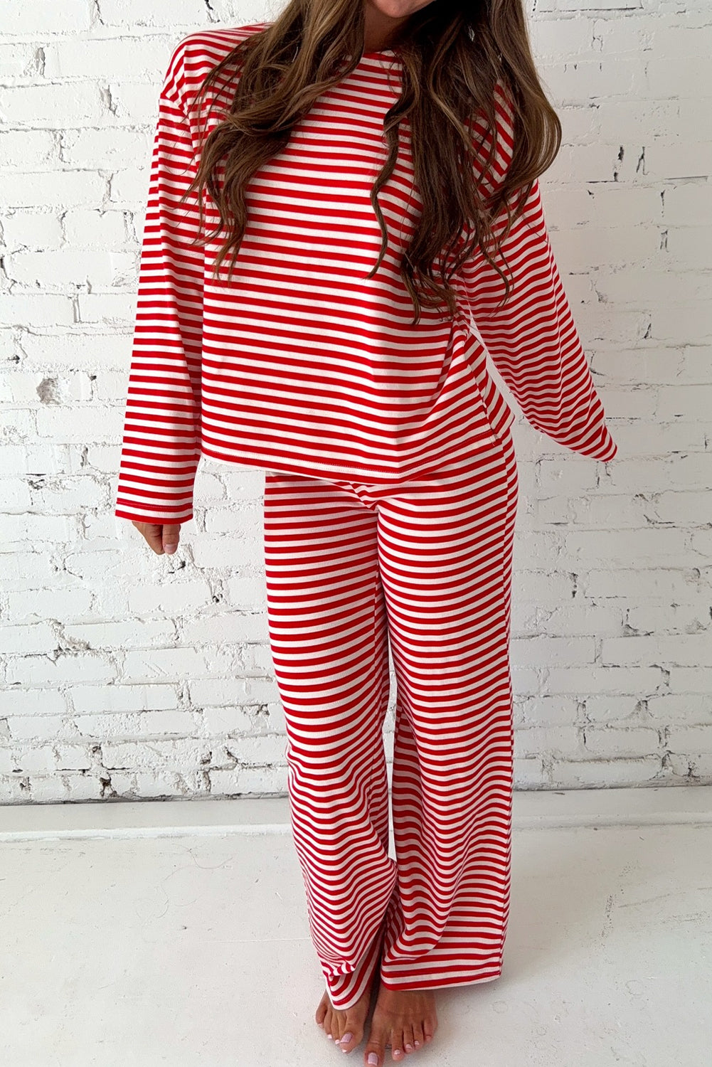 Women's Red Stripe Drop Shoulder Long Sleeve Top & Lounge Pants 2-Piece Set