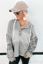 Gray Waffle Printed Patchwork Drawstring Hooded Long Sleeve Top