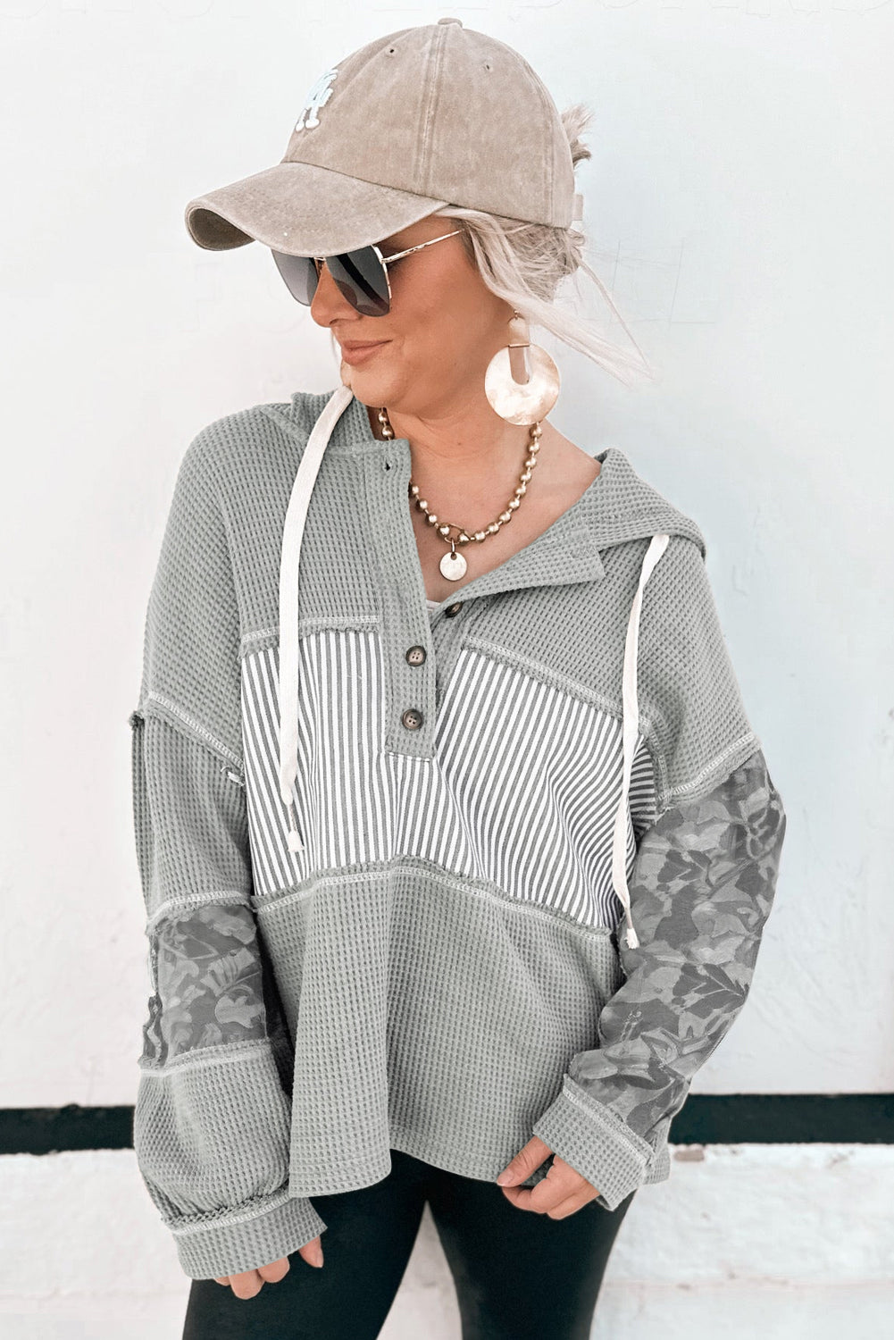 Gray Waffle Printed Patchwork Drawstring Hooded Long Sleeve Top