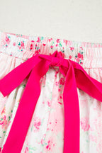 Pink Mixed Floral Print Contrast Piping Trim Satin Tie 2pcs Pajama Set