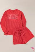 Racing Red "MERRY" Graphic Long Sleeve Top and Shorts Set with Corded Detailing - Casual & Festive Loungewear
