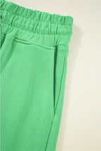 Bright Green Drop Shoulder Puff Sleeve Crop Pullover Drawstring Wide Leg Pants Set