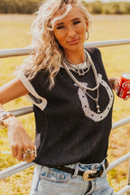 Black Horse Shoe Pattern Contrast Trim Short Sleeve Sweater