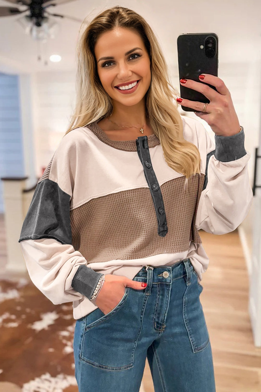 Jet Stream Color Block Waffled Patchwork Loose Henley Top