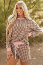 Brown Checkerboard Long Sleeve Pullover and Shorts Set